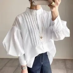 M シャツ ブラウス ボリューム袖 チュニック ホワイト ふんわり袖 長袖シャツ