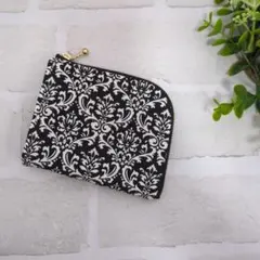 ハンドメイド　L字ファスナーミニ財布　ダマスク　黒