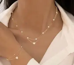 ハートとパールのネックレスとブレスレット3点セット　アクセサリー　オシャレ