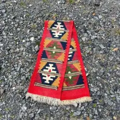 USED ユーロ古着 キリムラグ 長方形 フリンジ 赤 vintage