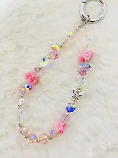 ハンドメイド ピンク花蝶ストラップ
