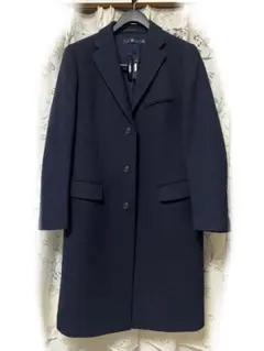 ウールブレンドチェスターコート　ヘリンボーン+J ネイビー　美品　プラスジェイ