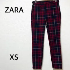 ザラ　スラックス　ストレートパンツ　チェック柄　カジュアル　レッド　タイト　XS