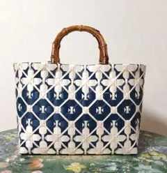 PPバンドバック、プラカゴ、かごバック、エコバッグ、藍色✕アイボリー