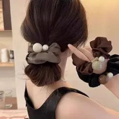 大きめパール付き シフォン シュシュ くすみカラー 韓国風 カーキ