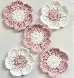 かぎ針編み　コースター　ハンドメイド　花　5枚セット　ホワイト　ピンク