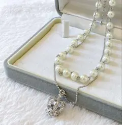 パール風ネックレス王冠クラウンモチーフ２連可愛いデート調整可