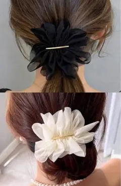 【ホワイト】フラワーバレッタ シフォン 花 ヘアアクセサリー　入園式　卒業式