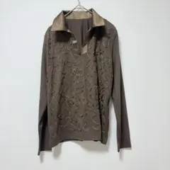 美品　ポロシャツ　ブラウン刺繍長袖カットソー　長袖ポロシャツ