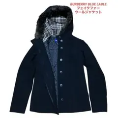 バーバリーブルーレーベル フェイクファー フードノヴァチェック ウールジャケット