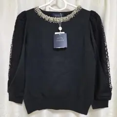 【新品未使用】JUSGLITTY ビジュー ニット 袖レース パール 黒