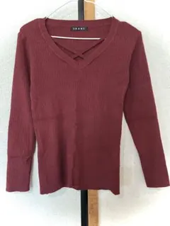 INGNI リブ編み バーガンディ フロントクロス Vネック ニット
