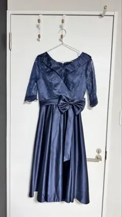 ネイビー レース袖 リボン付き パーティードレス