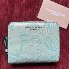 【未使用】キャサリンハムネット 二つ折り財布 本革ゴールド ブルー 花のサムネイル