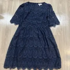 マタニティ 結婚式 レース　ワンピース ドレス　ネイビー　お宮参り　半袖　膝丈