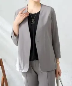 【パジャマスーツ】 七分袖ノーカラージャケット LL