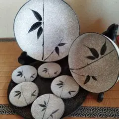 【726】竹模様の陶器皿セット 大中小7枚