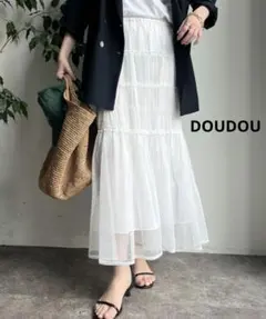 【DOUDOU】レースシャーリングティアードスカート　ホワイトのサムネイル