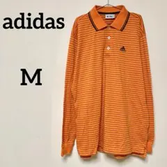 adidas ボーダー長袖ポロシャツ オレンジ M