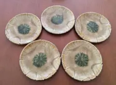 美品 清山窯 食器 お皿 茶系×グリーン 花柄　5枚