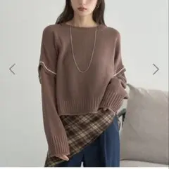 アース　ブラウンリブ編みニット　ショート丈