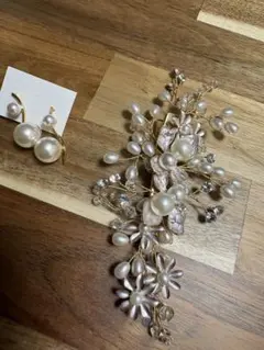 パールとビジューのヘッドドレス＆ピアスセット ウェディング
