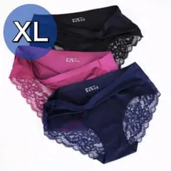 シームレス レース ショーツ 光沢 3枚セット XL ブラック ワインレッド