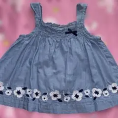 青い花柄刺繍ノースリーブワンピース