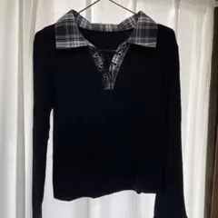 長袖襟付き韓国トップス チェック柄