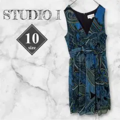 STUDIO I 【10】ペイズリー柄 ノースリーブ ラップ風 ワンピース 青
