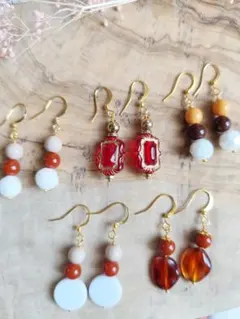 5ペアセット　フックピアス　まとめ売り　赤白ブラウン