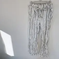 ワイドパンツ ストライプ リボン付き キレイめ 春秋 パンツ ズボン 白