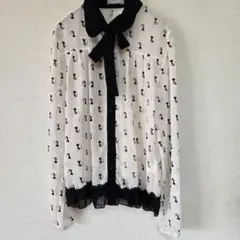 猫柄リボン付き長袖シースルーシフォンブラウス M
