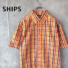 SHIPS シップス チェック柄 半袖シャツ ボタンダウン オレンジ L