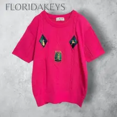 【FLORIDAKEYS 】　サマーニット　半袖ニット　ワッペン　ピンク　綿のサムネイル