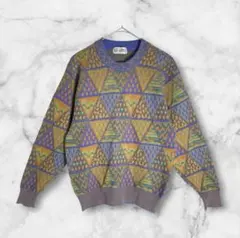s*き様 【個性派古着】デザイン　ニット　　　　幾何学模様　総柄　マルチカラー