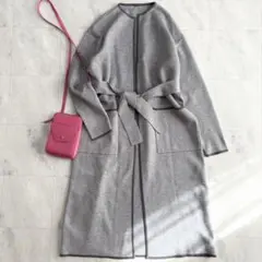 ミラオーウェン 配色ニットガウンコートグレーウエストリボン ロングカーディガン