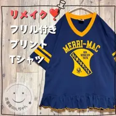 リメイク❣フリル付きプリントTシャツ 半袖 Vネックネイビー【古着】のサムネイル