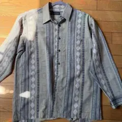 デザインシャツ ストライプ チロリアン 総柄 水色 胸ポケット 古着