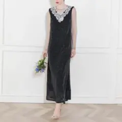LEJA レースラメスリットロングワンピースドレス