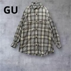 【ジーユー】ネルシャツ　カジュアル　ロング丈　トップス　チェック　グレーS