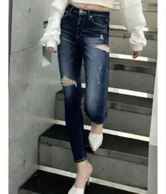 GYDA ミドルウエストサイドリップドスキニーデニムパンツMサイズ