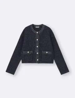 GU フリンジダブルポケットニットジャケット ネイビー M