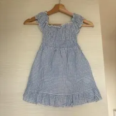 水色チェック柄ノースリーブワンピース