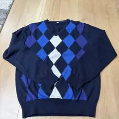 ネイビー ダイヤモンドパターン Vネックセーター Lサイズ