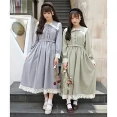 レース襟付きロングワンピース（グレー・カーキ）