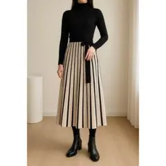 ①MERCURYDUO 配色ニットワンピ 黒 S 大人可愛い 秋冬 上品 量産