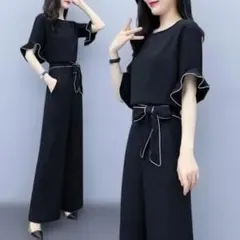レディース 韓国 半袖 パンツドレス 黒