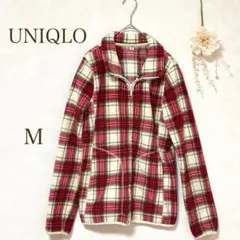 【ユニクロ】フリース　ジャケット M チェック柄　アウター　カジュアル　赤系