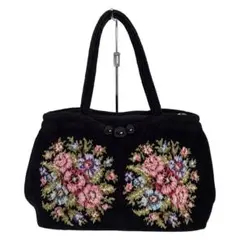 *FEILER フェイラー ハンドバッグ シュニール織 ブラック 花柄刺繍*
